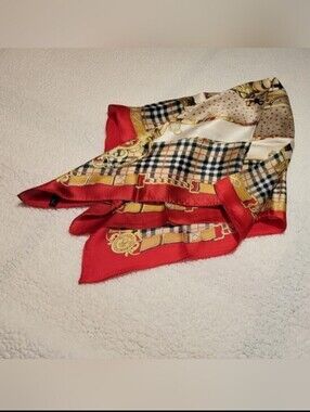 100% Silk Equestrian Chain Scarf / 32"x 32" / red, cream, tan